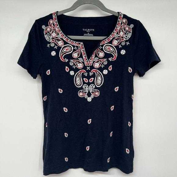 Talbots Blouse Womens PS Navy Embroidered Beaded Paisley Short Sleeve Split Neck - Picture 2 of 8